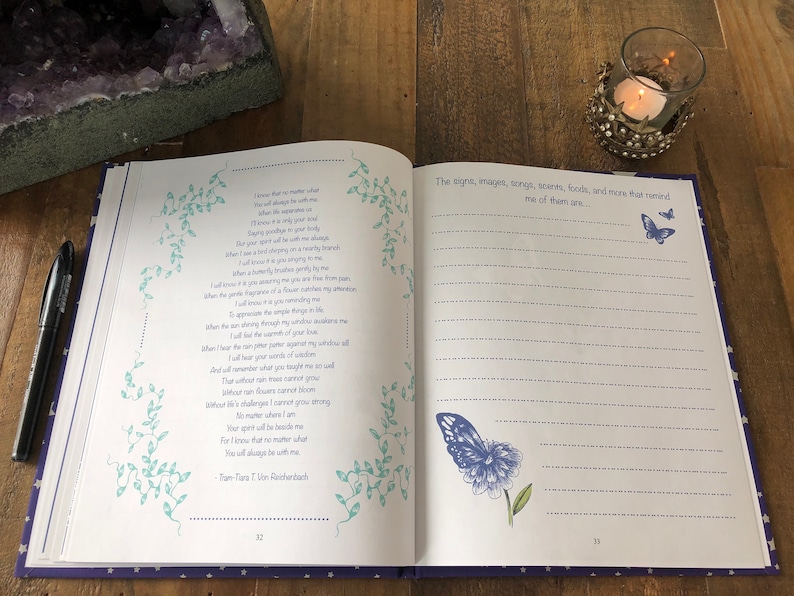 May include: An open journal with a blue and white cover and a poem about love and support printed on the left page. The right page has a lined section for writing with a butterfly illustration.