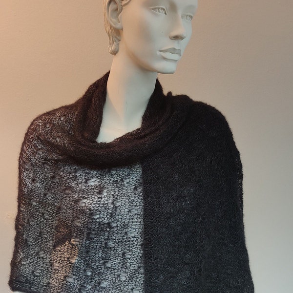 Scarf stole in black knitted, kid mohair