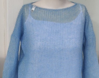 Women's blue sweater, knitted from kid mohair and silk