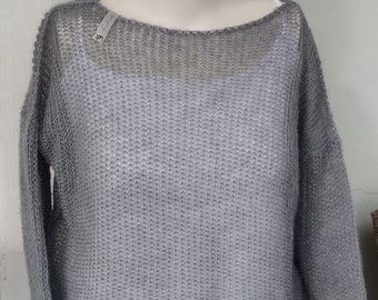 Women's sweater silver, knitted from kid mohair and silk