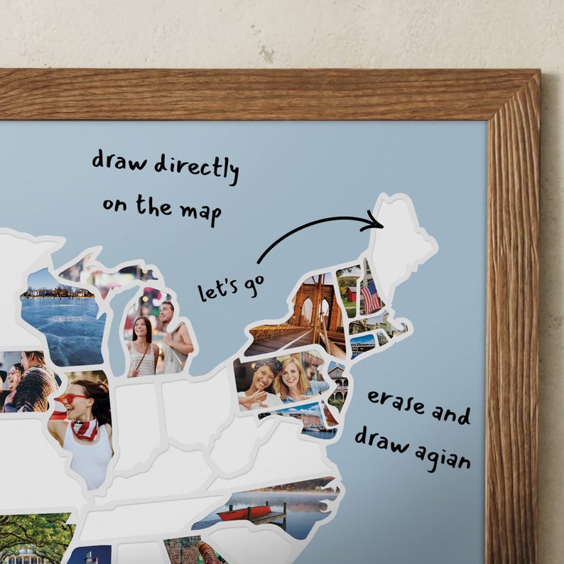 May include: A blue dry-erase map of the United States with photos of different locations in each state. The text "draw directly on the map" is written in black marker at the top of the map. The text "let's go" is written in black marker on the map. The text "erase and draw again" is written in black marker on the map.