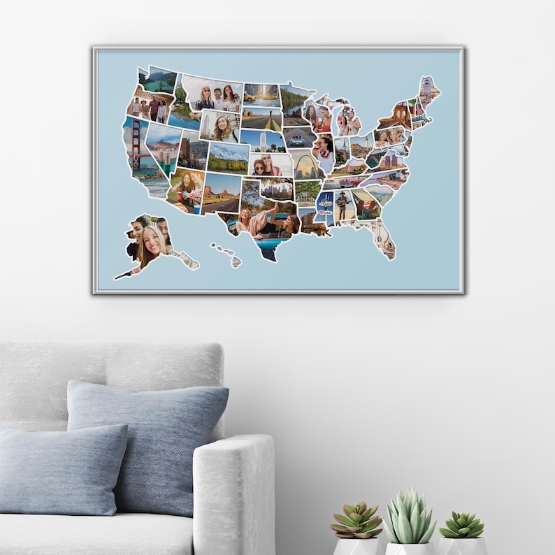 May include: A photo collage of the United States map with photos of different places and people. The map is on a light blue background and is framed in a silver frame.
