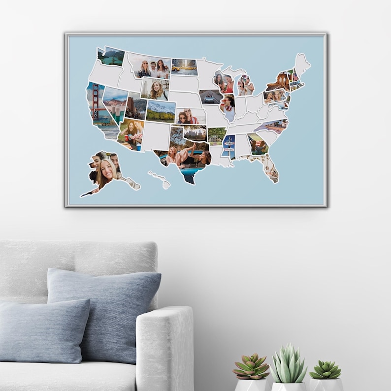May include: A collage of photos arranged in the shape of the United States map. Each state is filled with a different photo, showcasing various landscapes and people.