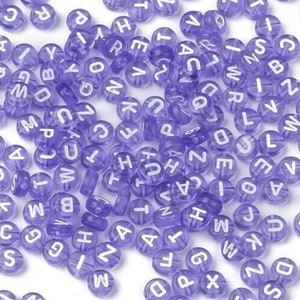 100 Round Purple Letter Beads / White Letters / Random Mix / Use in jewellery and crafts / Size 7mm