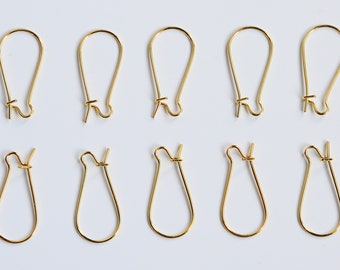 Pack of 10 Gold Plated 30mm Kidney Ear Wire Hooks / Earring Findings