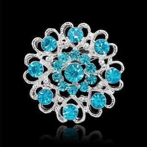 Heart & Flower Rhinestone Diamante Crystal Pin brooch - Turquoise Blue