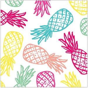 May include: A white background with a repeating pattern of colourful pineapples. The pineapples are in various shades of yellow, pink, green, and blue. The pineapples are stylised and have a textured look.