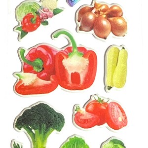 May include: A sticker sheet featuring various vegetables. Includes corn, broccoli, cucumbers, tomatoes, onions, potatoes, red bell peppers, and mushrooms. The sticker sheet has the text "XYK485".
