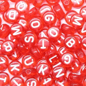 100 Red Acrylic Letter Beads: 7mm Round White Alphabet Beads