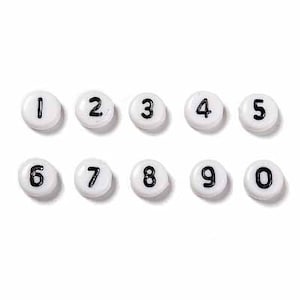 Contas de Números / 7 mm Planas, Redondas, Brancas / Números 0 - 9