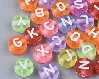 100 Round Mixed Colour Transparent Letter Beads / White Letters / Random Mix / Use in jewellery and crafts / Size 7mm