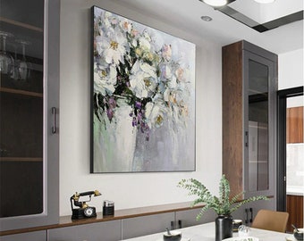 Original Modern Flower painting on canvas  Wall Art Pictures Thick Texture White Flower Oil Painting On Canvas Hand Decorative Paintings