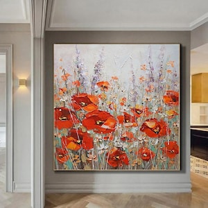 Original Red Flowers Painting, Handmade On Canvas , Landscape Oil Painting ,Thick Flowers Oil Wall Art Décor For Living Room Home Decoration