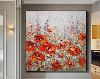 Original Red Flowers Painting, Handmade On Canvas , Landscape Oil Painting ,Thick Flowers Oil Wall Art Décor For Living Room Home Decoration