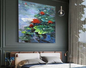 Home Decorative Painting Flower Hand Painted Wall Art Thick Oil Canvas Painting Abstract Lotus Pictures for Living Room