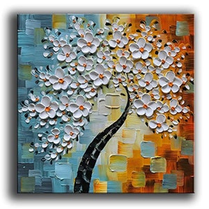 Peinture abstraite épaisse 3D d'arbres porte-bonheur et de fleurs, peinture d'art mural fait main à l'huile sur toile Peinture d'arbres épaisse 3D sur toile Art original