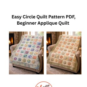 May include: Two quilts with circle patterns are draped over armchairs. The quilts feature colorful, circular applique designs. The text "Easy Circle Quilt Pattern PDF, Beginner Applique Quilt" is at the top. A logo with the text "Crafting with Acorn to Tree" is at the bottom.