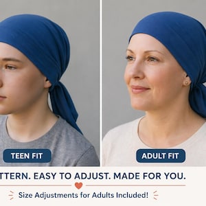 Puede incluir: Dos personas con cubrecabezas azules, uno etiquetado como "Teen Fit" y el otro como "Adult Fit". El texto dice "One Pattern. Easy to Adjust. Made for You." y "Size Adjustments for Adults Included!". También hay un logotipo con una bellota.