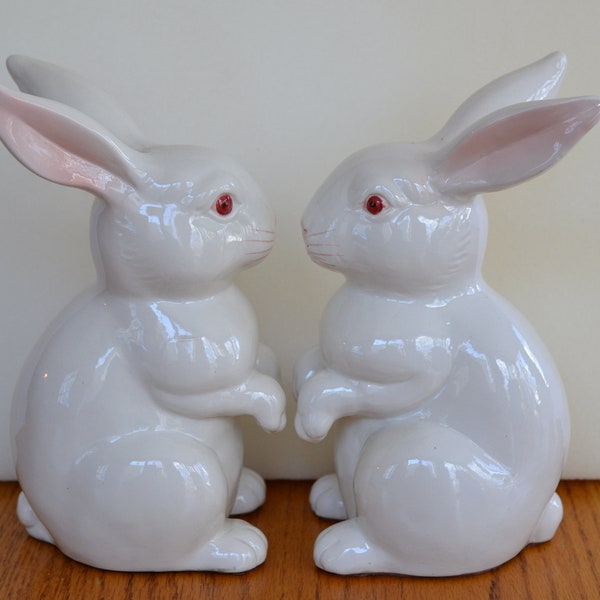 Pottery Heavy Ceramic Vintage Pair White Pink Easter Rabbit/Bunny Whimsical Figurines/Bookends