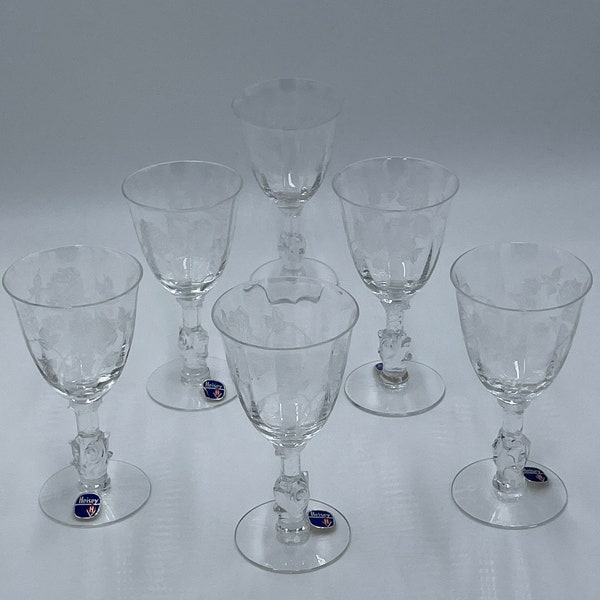 Lovely Set of 6 Heisey Crystal Etched Rose Wine Stems Vintage Heisey Vintage Crystal Wine Glasses Vintage Etched Glass Vintage Barware