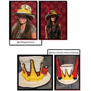 May include: Crocheted hats with a whimsical design. The hats feature a white crown with yellow and black accents, red horns, and a black brim. The hats are displayed in front of a red patterned background. The text "@craftyyarnmom" and "@miss.maries.merry.makings" are visible.