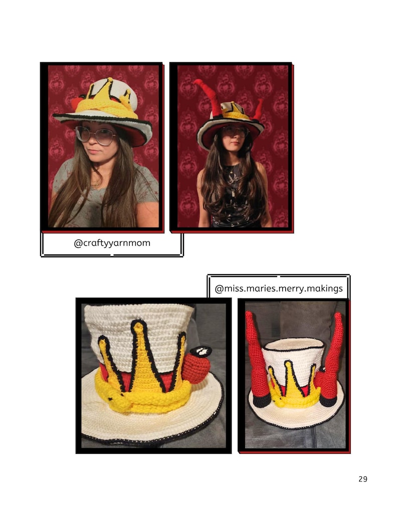 May include: Crocheted hats with a whimsical design. The hats feature a white crown with yellow and black accents, red horns, and a black brim. The hats are displayed in front of a red patterned background. The text "@craftyyarnmom" and "@miss.maries.merry.makings" are visible.