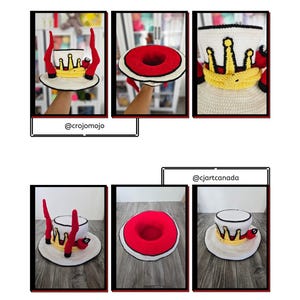 May include: Crocheted hat with a crown design. The hat is white with a black brim and a yellow crown. Red accents and a white brim complete the design. The image includes the text "@crojomojo" and "@cjartcanada".