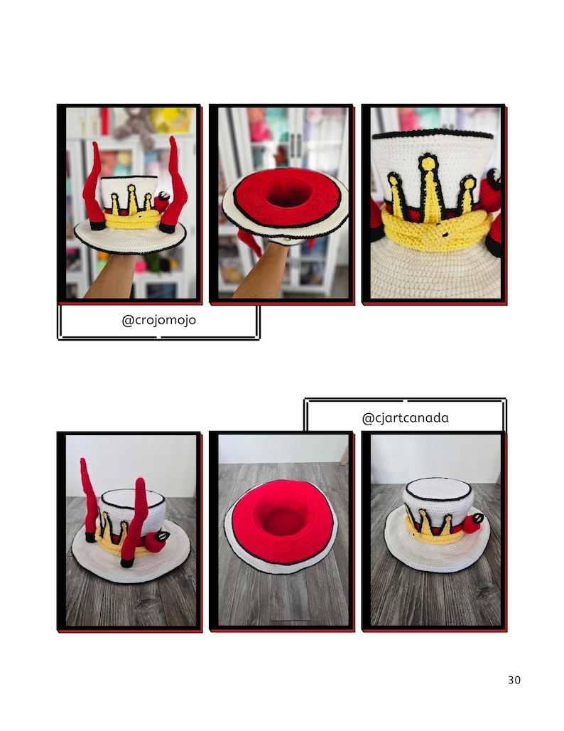 May include: Crocheted hat with a crown design. The hat is white with a black brim and a yellow crown. Red accents and a white brim complete the design. The image includes the text "@crojomojo" and "@cjartcanada".