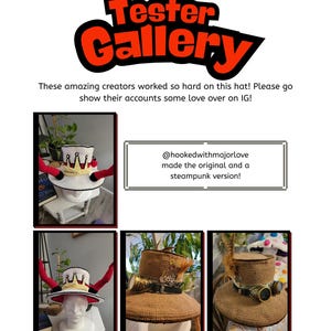 May include: The image showcases a page from a catalog or magazine, featuring the text "Tester Gallery" in a bold, red and black font. It includes multiple images of handmade hats, including a steampunk version. The text encourages viewers to support the creators.