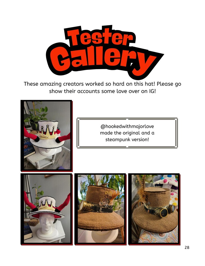 May include: The image showcases a page from a catalog or magazine, featuring the text "Tester Gallery" in a bold, red and black font. It includes multiple images of handmade hats, including a steampunk version. The text encourages viewers to support the creators.