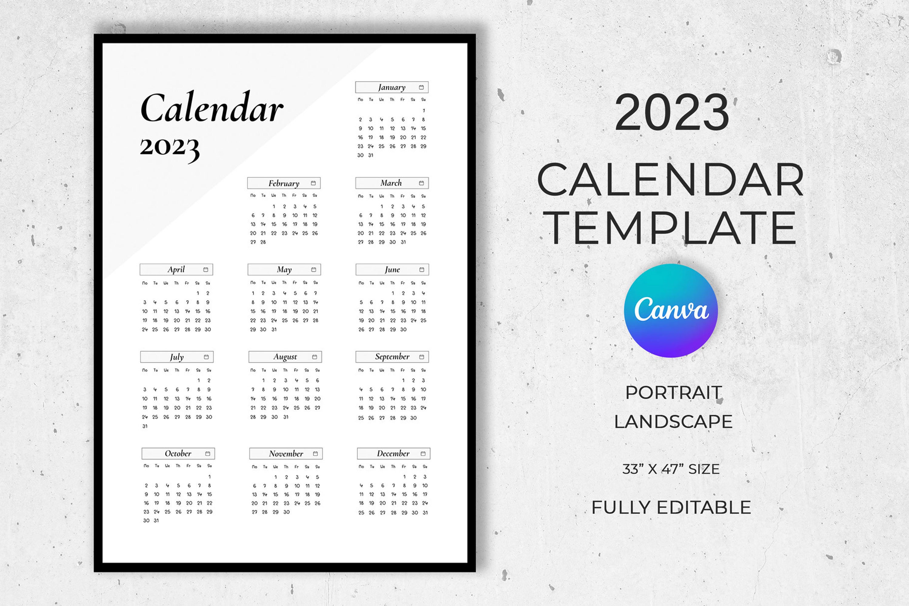 Yearly Canva Calendar Template 2023, Wall Calendar Portrait and