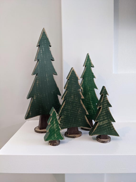 Hand Cut/Painted! Set of 5 - Wood Christmas Trees, Decorative, Rustic Cabin Decor