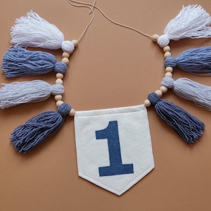 First Birthday Boy High Chair Banner, Boy Cake Smash Yarn Garland, Blue and White High Chair Garland, 1st Birthday Boy Banner Tassel Garland
