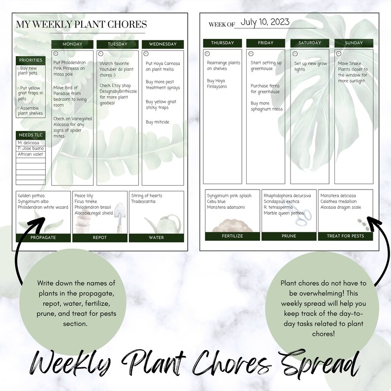 May include: A weekly plant care schedule with a green and white background. The schedule is divided into days of the week and includes tasks such as propagate, repot, water, fertilize, prune, and treat for pests. The text "Weekly Plant Chores Spread" is at the bottom of the page.