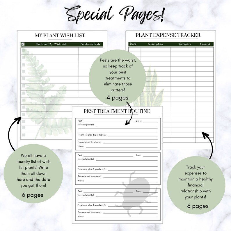 May include: Printable planner pages for plant lovers. Includes a plant wish list, plant expense tracker, and pest treatment routine.  The pages are decorated with green watercolor illustrations of plants.