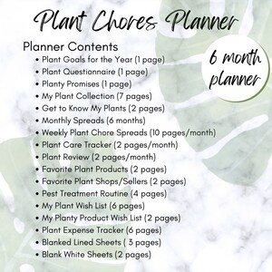 May include: A printable planner for plant lovers with a green and white tropical leaf design. The planner includes sections for plant goals, care, and expenses. It also includes blank pages for notes and lists. The text "6 month planner" is in the top right corner.