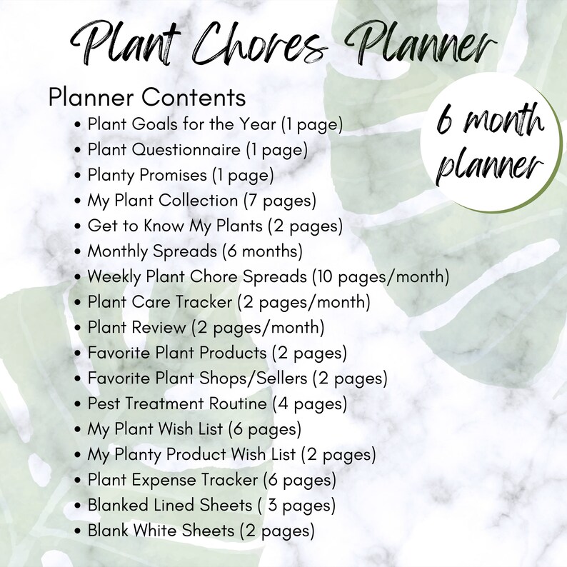 May include: A printable planner for plant lovers with a green and white tropical leaf design. The planner includes sections for plant goals, care, and expenses. It also includes blank pages for notes and lists. The text "6 month planner" is in the top right corner.