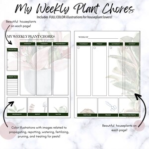May include: A printable weekly plant chore planner with a green and white watercolor illustration of a houseplant. The planner includes sections for priorities, needs TLC, propagate, repot, water, fertilize, prune, and treat for pests. The planner also includes a section for each day of the week.
