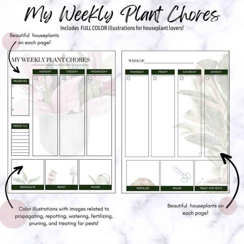 May include: A printable weekly plant chore planner with a green and white watercolor illustration of a houseplant. The planner includes sections for priorities, needs TLC, propagate, repot, water, fertilize, prune, and treat for pests. The planner also includes a section for each day of the week.