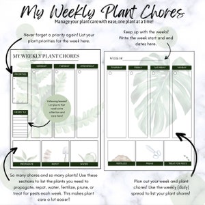 May include: A printable planner for tracking weekly plant care. The planner has sections for listing plant priorities, needs, propagation, repotting, watering, fertilizing, pruning, and treating for pests. The planner also includes a section for writing the start and end dates of the week.