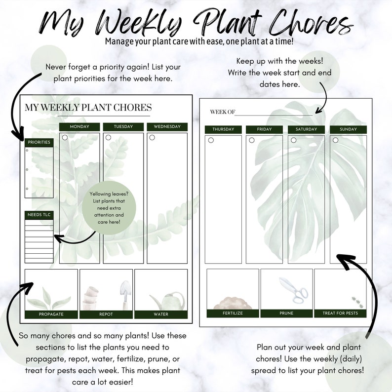 May include: A printable planner for tracking weekly plant care. The planner has sections for listing plant priorities, needs, propagation, repotting, watering, fertilizing, pruning, and treating for pests. The planner also includes a section for writing the start and end dates of the week.