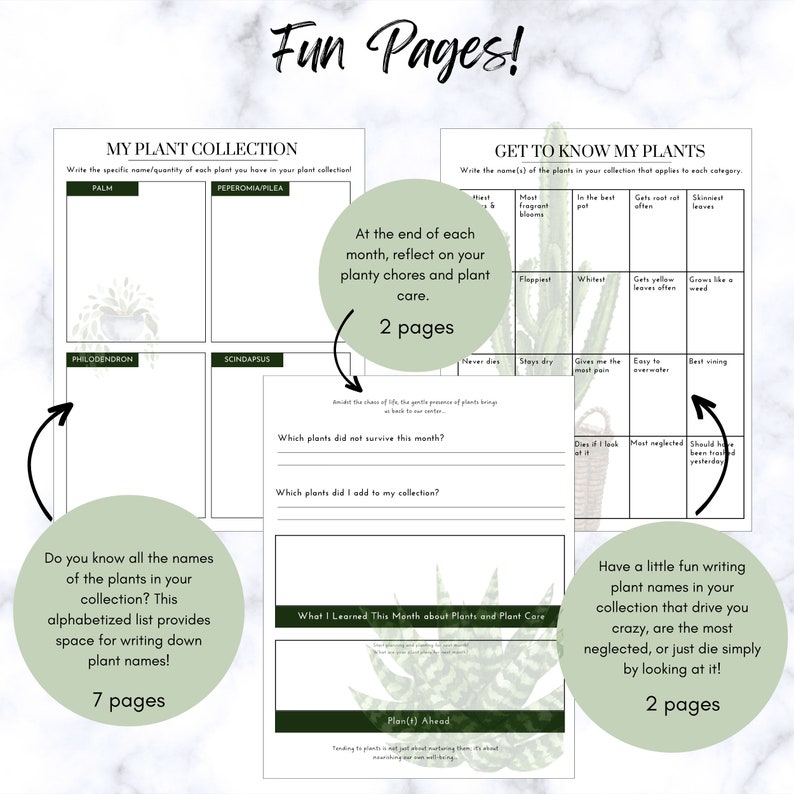May include: Printable worksheet pages for plant lovers. The pages include a plant collection checklist, a "get to know your plants" chart, and a "what I learned this month" section. The pages are decorated with green foliage illustrations.