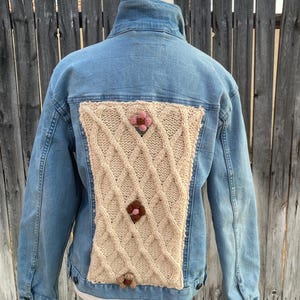 Upcycled Denim Jacket-Upcycled With a Sweater Scarf- Women’s Size Large.