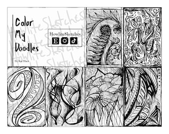 May include: A black and white coloring book titled "Color My Doodles" by Kai Black. The book features eight unique doodle designs, including floral and abstract patterns, perfect for creative coloring.