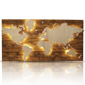 Mapa del mundo de madera con iluminación, LED, mapa del mundo 3D, decoración de pared, madera real, diseño de pared, lámpara de pared, decoración del hogar, regalo, pasión por los viajes