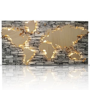Mappa del mondo in legno con aspetto pietra, grigio, carta da parati in pietra, soggiorno, viaggio nel mondo, illuminazione a LED, motivazione, decorazione da parete, vero legno, fatto a mano