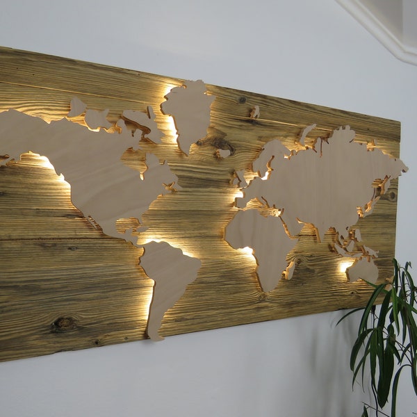 Carte du monde en bois véritable vieux bois, éclairage LED, vintage, design rustique, décoration murale, effet 3D, voyages champêtres, cadeau de mariage