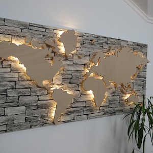 Holz Weltkarte mit Steinoptik + Beleuchtung, Grau, Steinwand, Zuhause Dekoration, Länderreise, 3D-Effekt, Motivation, Wanddeko, Fernweh