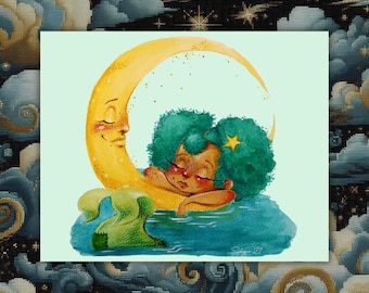 Impression lune et sirène 8,5 x 11 | Illustration fantastique | Art fantastique | Art mural | Art fantaisiste | Art céleste | Art de sirène | Art noir