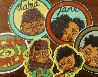 SOLD OUT - Afro-Daria Sticker Set | Afro-Daria Sticker Set of 6 | Daria Morgendorffer | Jane Lane | Trent Lane | Afro Punk | Daria Fan